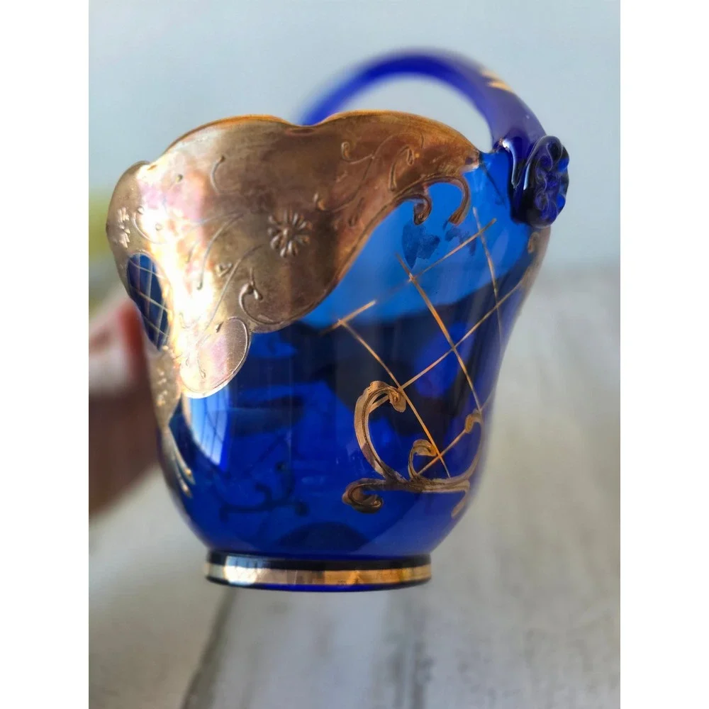Vintage blue gold basket AS‎ IS bohemian cobalt decor glass